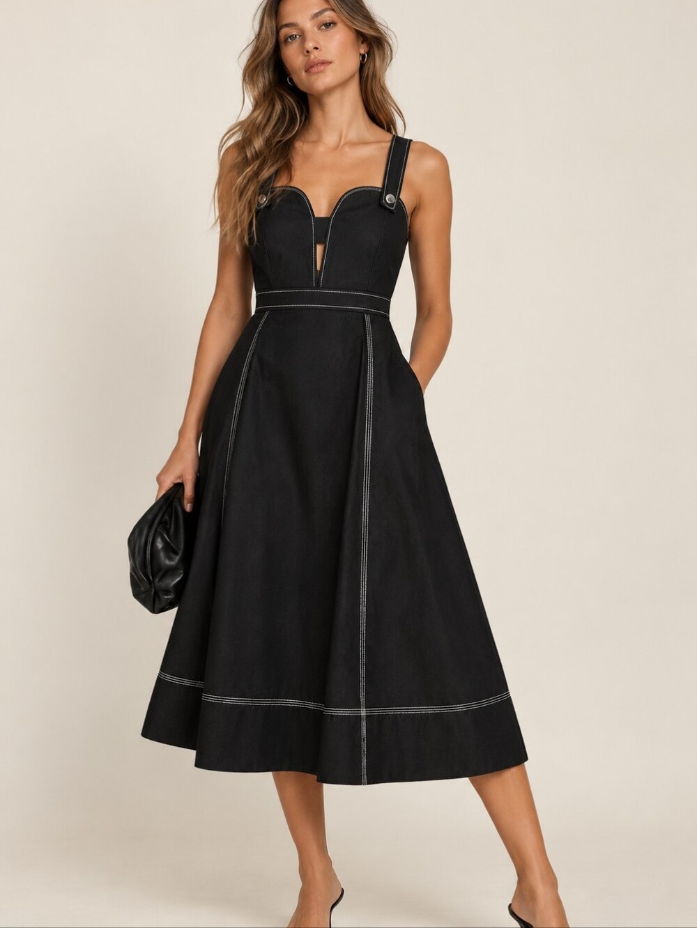NWT TANYA TAYLOR Everleigh Midi Dress Cut Out Black Contrast White Stitching 8